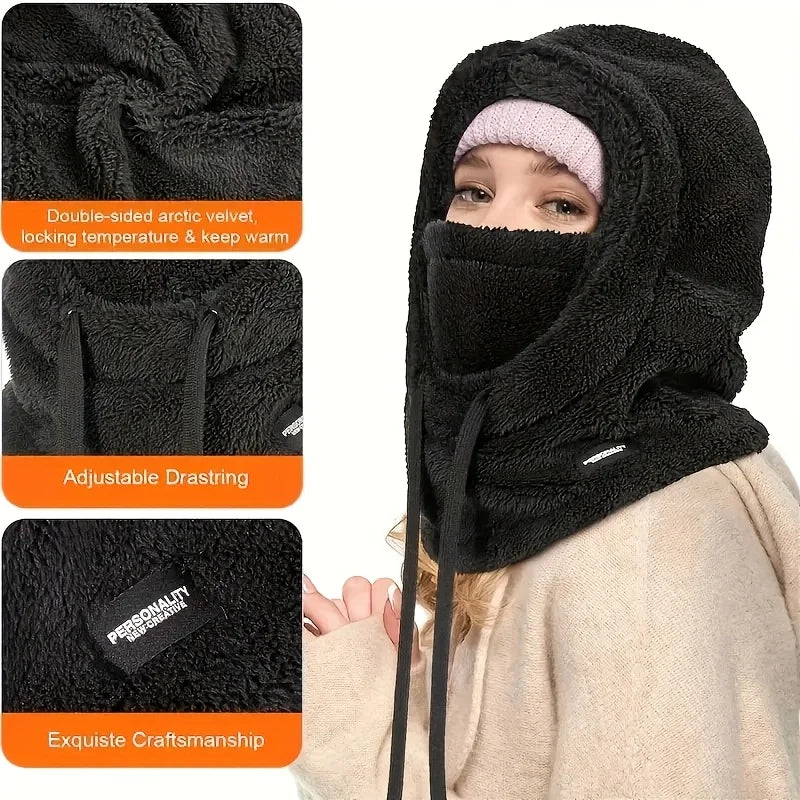 Winter plush winter cap - Elastic drawstring closure, lightweight and warm for cycling, skiing, outdoor activities. Solid color