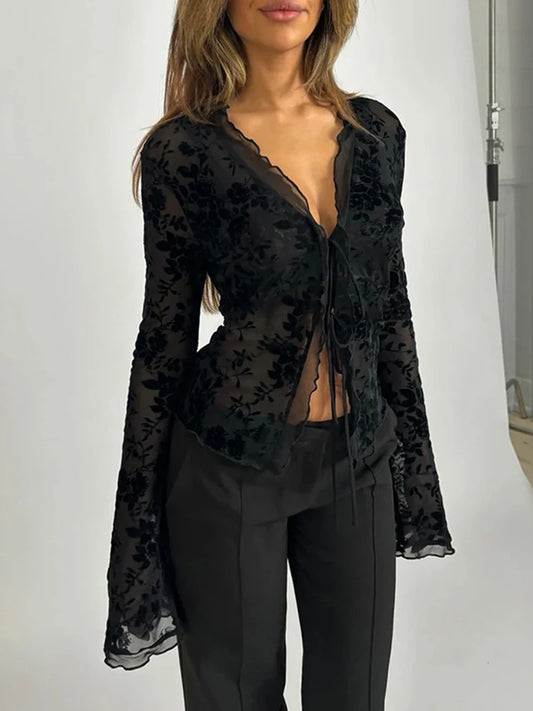 Autumn New Fashionable Chiffon Slim Fit Ruffle Trumpet Sleeve Shirt for Women