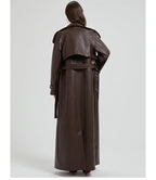 Lautaro Spring Autumn Extra Long Brown Pu Leather Trench Coat for Women Sashes Luxury Chic Overcoat Runway European Fashion 2024