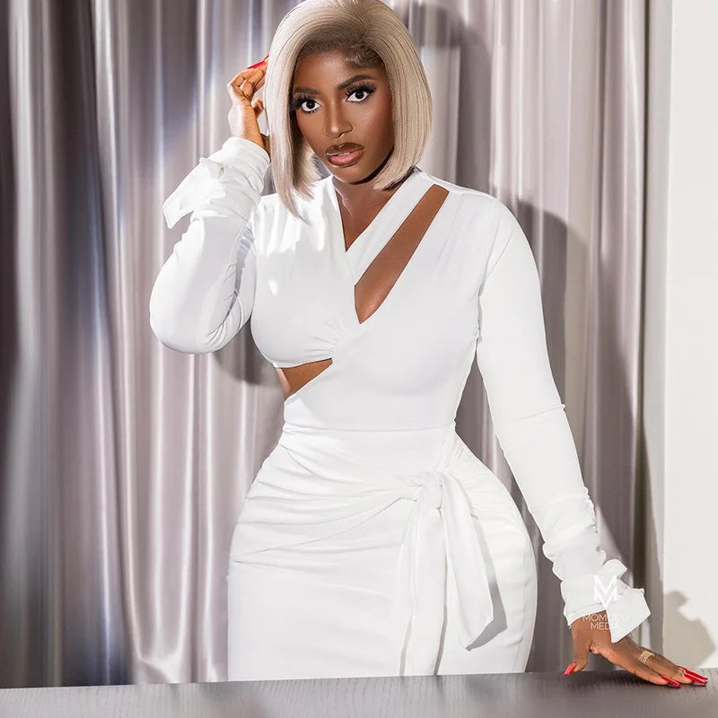 Elegant Black White Bodycon Dresses for Woman Long Sleeve Hollow Out Lace-Up Backless Bandage Party Dress Club Vestido Branco