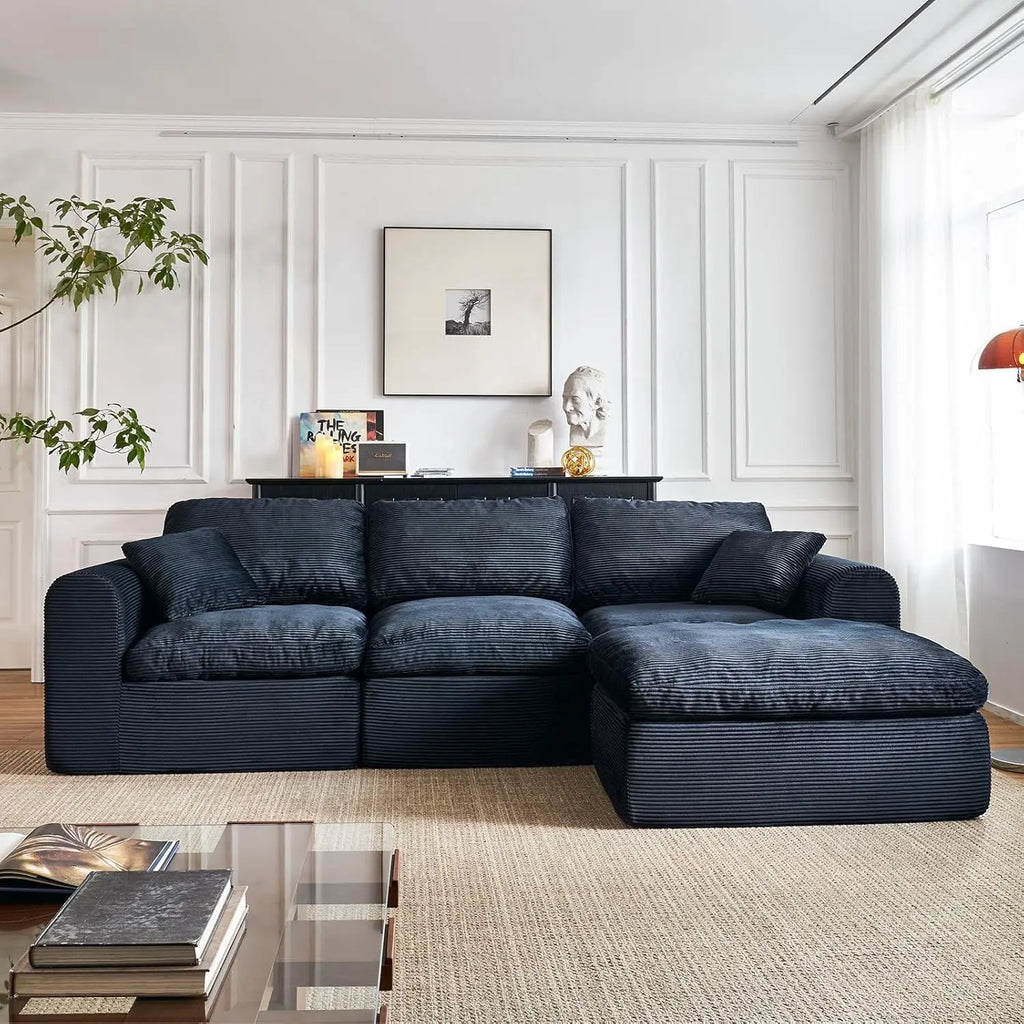 108" Boneless Cloud Sectional Couch for Small Living Room – L-Shape Modular Sofa with Ottoman, Deep Seat, Corduroy,, Customized