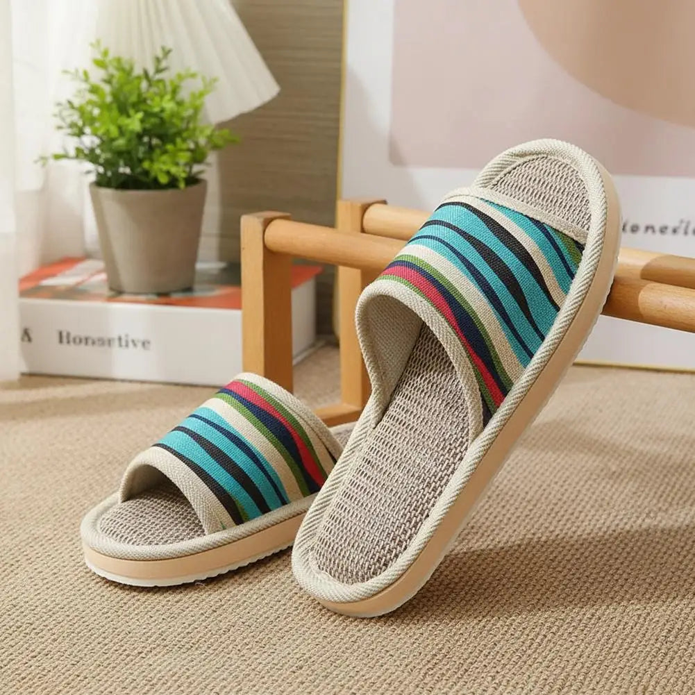 Striped Linen Open Toe Slippers Breathable Indoor House Slippers Anti Slip EVA Sole Lightweight Casual Home Slides For Men Women