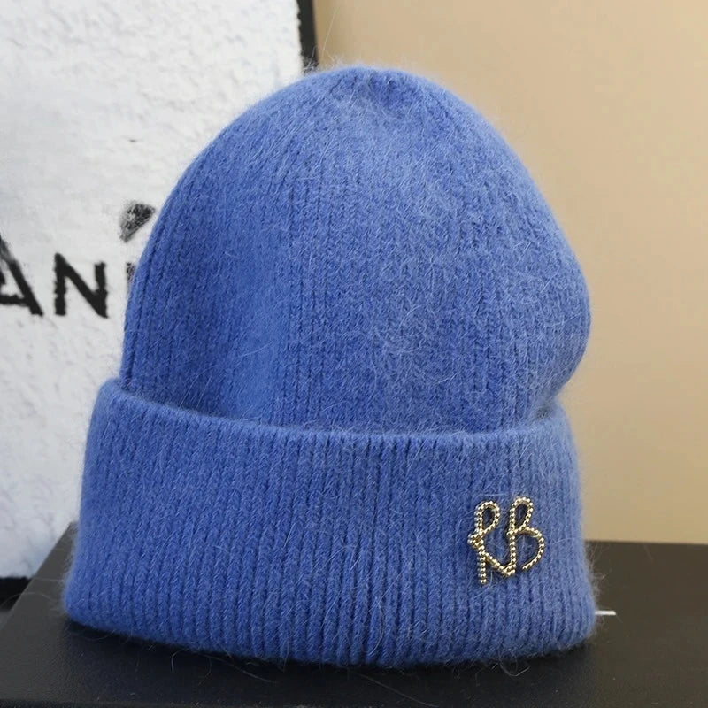 Letter Fluffy Angora Fur Beanies Winter Hat for Woman Luxury Fluffy Knited Hat Bonnet Lady Autumn Winter Warm Skullies Cap