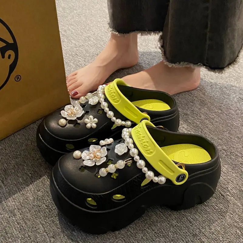 Summer Fashion Pearl Chain DIY Clogs Women 2025 Chunky Platform Slip On Sandals Women Thick Bottom EVA Slippers Shoes Woman Heel