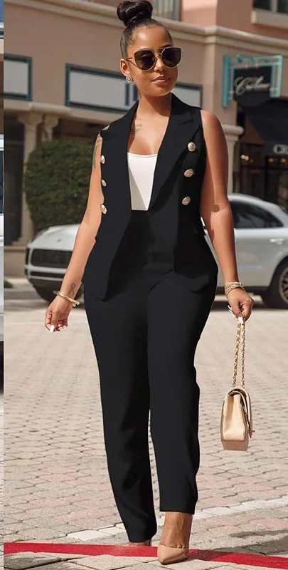 Business OL Work Wear Two Piece Pant Suits for Women Set Elegant Sleeveless Blazer Top + Pencil Pants Office Lady Matching Sets Main image