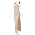 Sexy Spaghetti Strap Backless Summer Dress Women Satin Silky Spaghetti Strap Split Lace Up  Dress Elegant Bodycon Party Dresses
