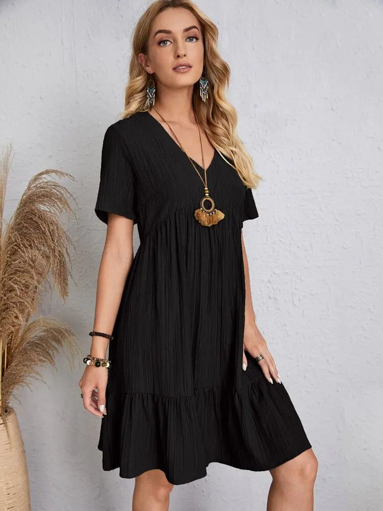 Elegant Solid V Neck A Line Dress 2024 New Summer Ruffles Loose Mini Dress Casual Short Sleeve Beach Party Vestidos Streetwear