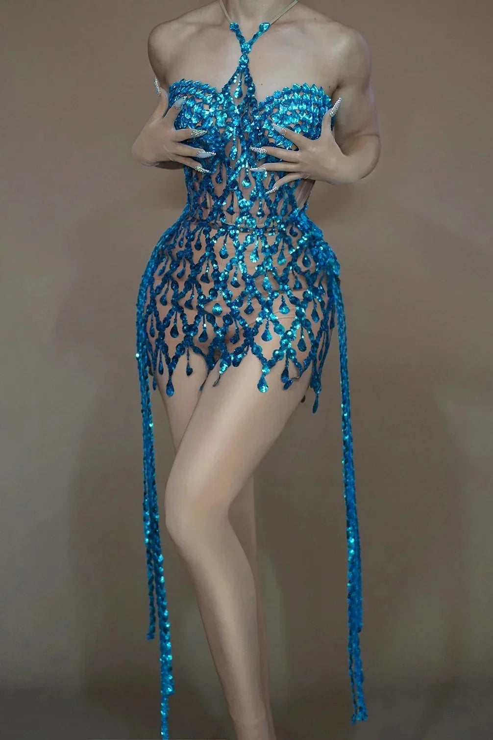 Luxurious Blue Diamond Sparkling Tassel Jazz Dance Performance Clothing Basketball Baby Performance Clothing Cheerleading Short