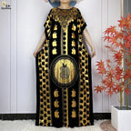 New Summer Short Sleeve Robe Cotton Loose Lady Dress With Big Scarf Gold Stamping Boubou Maxi Islam Women African Abaya Clothing