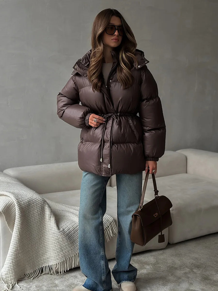 Bornladies Drawstring Slim Fit Cotton Jacket Women's  Winter New Hooded Zipper Cotton Robe Comfortable Warm Bread Jacket