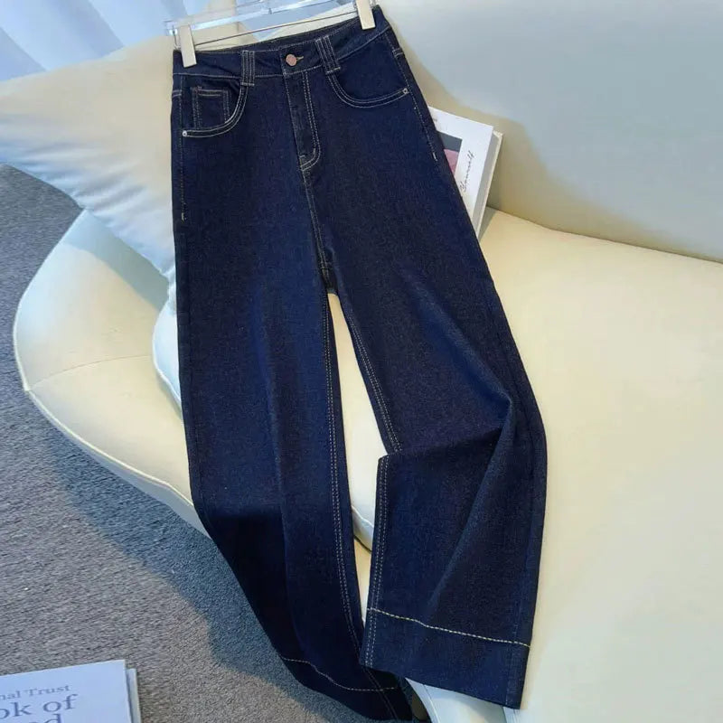 Female Trousers Women Button Zipper Closure Pockets Cozy Lady Pants Stylish Navy Blue Denim High Waisted Wide Leg Casual Jeans