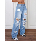 Womens Pants Womens Jeans Trendy Light Blue Distressed Baggy Relaxed Fit Wide Leg Denim