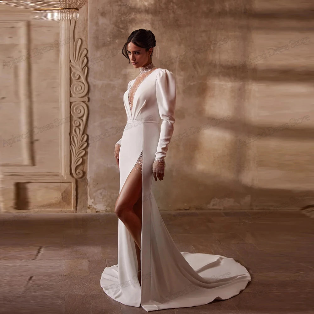 Glamorous Wedding Dresses Satin Bridal Gown Modern Robes For Formal Party Full Sleeves High Slit Vestidos De Novia Customized Main image