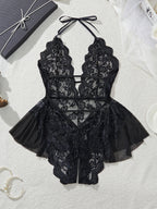 Plus Size 4XL Erotic Backless Deep V Sexy Lingerie Transparent Floral Lace Women Night Dress Teddy Babydoll Crotchless Underwear