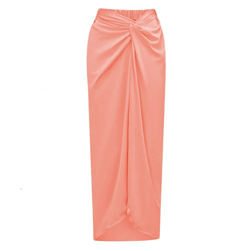 Fashion Solid Beach Dress Women's Casual Elastic High Waist Slit Long Skirt Summer 2025 New Beachwear Spice Girl Bikini Cover Up