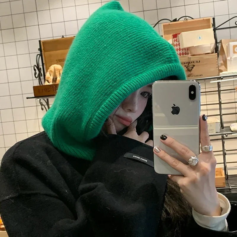 Knitted Hooded Caps Winter Balaclava Hats Women Korean Style Outdoor Warmer Drawstring Hats One-piece Neck Collar Beanies Cap Secondary image