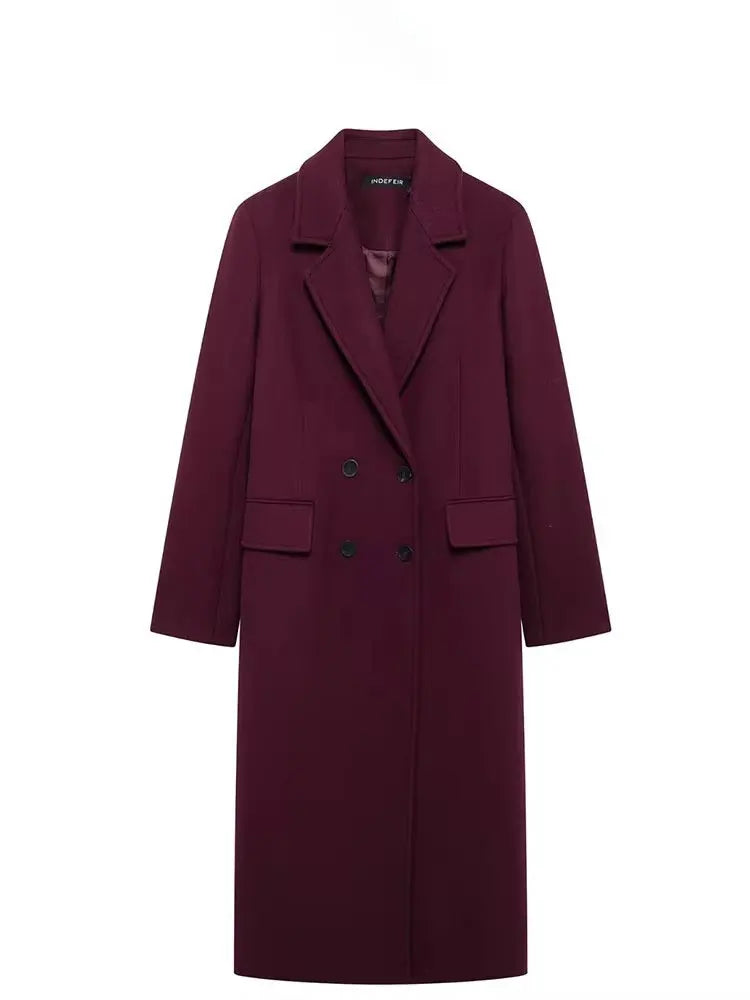 HH Women Fashion Burgundy Woolen Coat Double Breasted Long Sleeve Lapel Blends Jacket Autumn Winter High Street Outerwear
