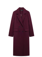 HH Women Fashion Burgundy Woolen Coat Double Breasted Long Sleeve Lapel Blends Jacket Autumn Winter High Street Outerwear