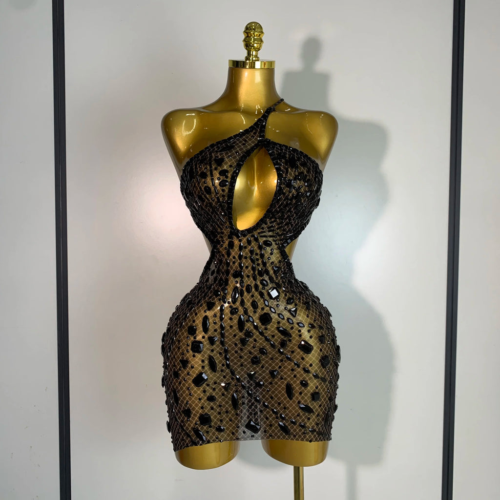 Sexy Sparkly Diamond Backless Short Dress 2026 Women Sleeveless Mesh See Through Evening Birthday Gown Singer Stage Outfit