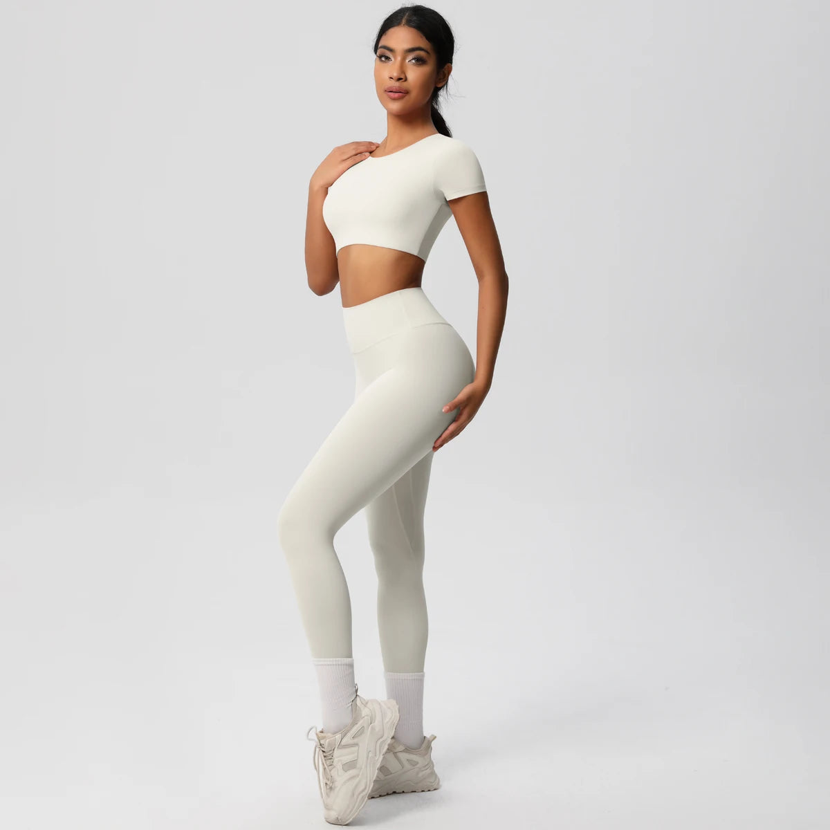 2PCS Woman Gym Sports Yoga Set Knitted Slim Workout Top Short Sleeve Quick Drying Legging Fitness Pants Running Sports Yoga Suit