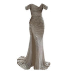 2026 Elegant Off-shoulder Gown Dress V-Neck Sequin Pleated Short Sleeve Waist Tight Maxi Dress Split Evening Party Prom Dress