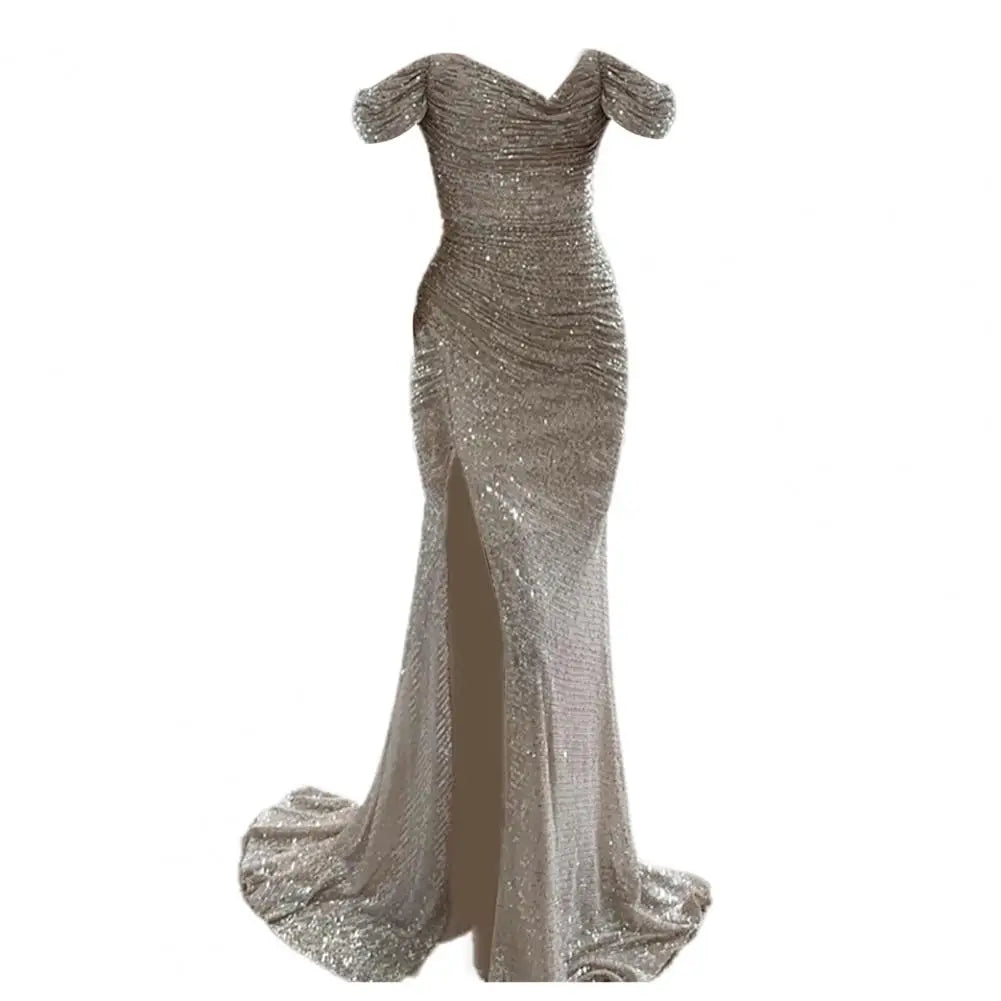 2026 Elegant Off-shoulder Gown Dress V-Neck Sequin Pleated Short Sleeve Waist Tight Maxi Dress Split Evening Party Prom Dress