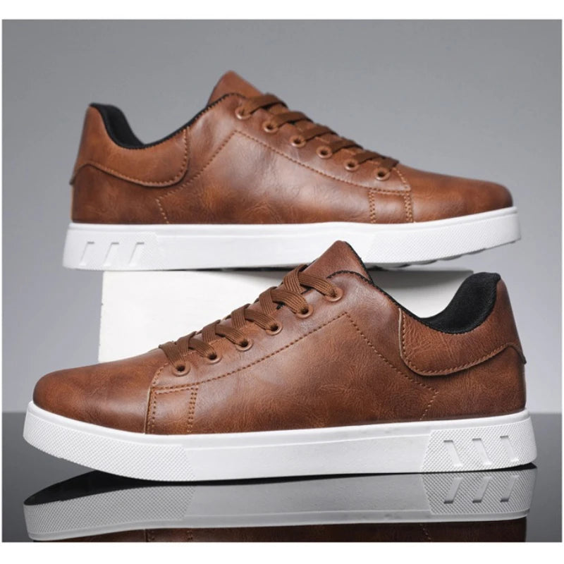 Men Sports Shoes Brown Leather Vulcanized Shoe Fashion Versatile Solid Color Running Shoes for Man Plus Size 45 Sneakers Secondary image