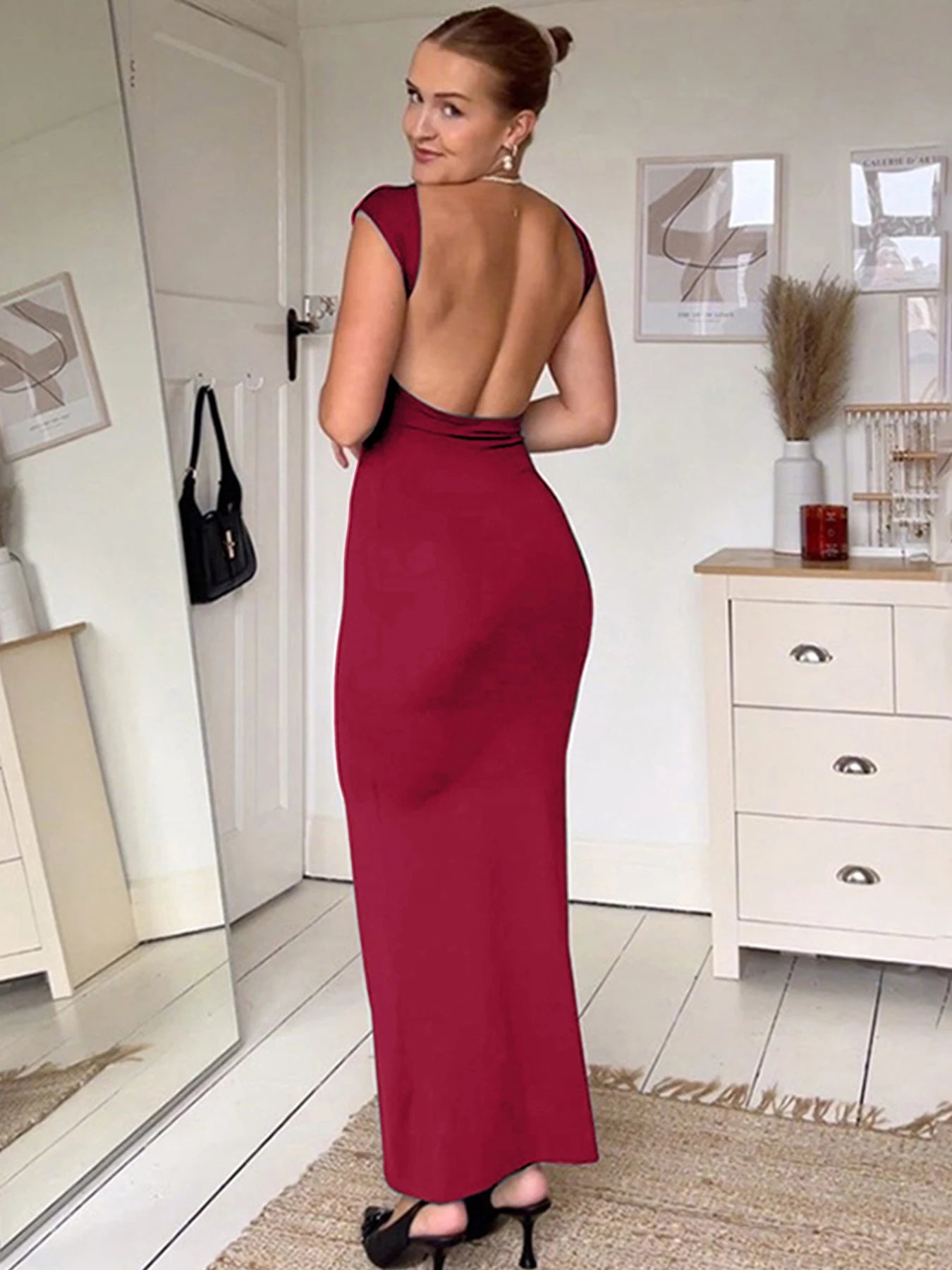 Red Sexy Women's Maxi Dresses For Summer New Streetwear Fashion Backless Casual Slim Basic Dress Club Elegant Party Lady Dresses Main image