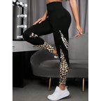 Women Printed Yoga Leggings Leopard Splicing Together Leggings High Waist Butt Lift Fashion Fitness Running with Pocket Legging