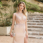 Popular Mermaid Slit Evening Dresses Gowns 2025/2026 Elegant Pearl Pink V Neck Lace Applique Sexy Formal Maxi Dress For Prom Party
