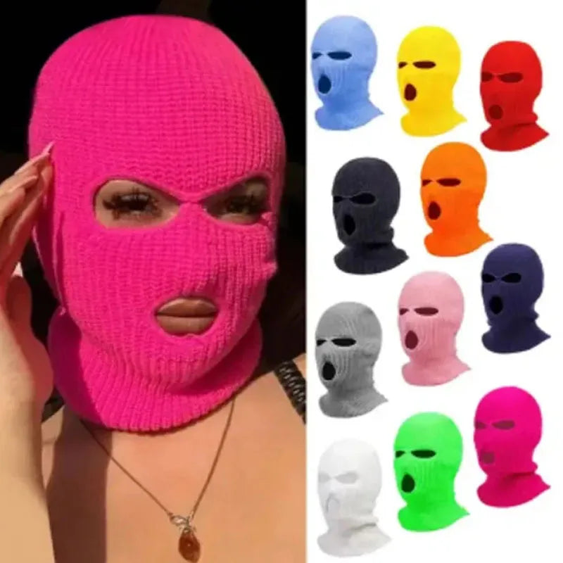 Windproof Full Face Knit Hats Custom SkiMask Men Warm Wool Balaclava embroidery Winter hats Knitted 3 Holes Ski Mask
