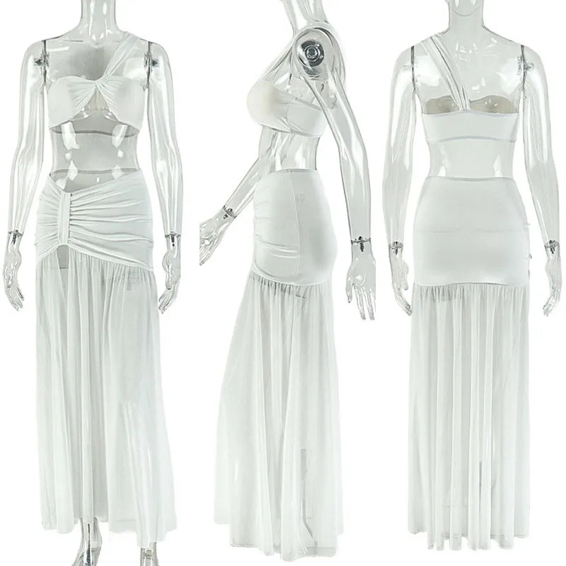 Mesh Ruched Sexy Club Outfits Woman 2026 Birthday Strapless Crop Top and High Split Long Skirt 2 Piece Set Conjuntos Femininos