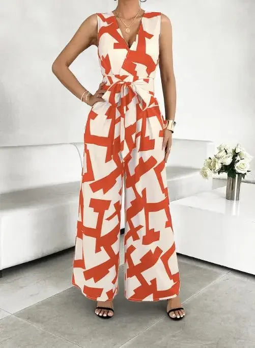 Summer Fashion Vacation Style Jumpsuits for Women Casual V Neck Sleeveless Color Blocking Lace Up High Waist Wide Leg Jumpsuit