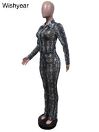 Sexy Night Club Snake Pattern 2 Pieces Women Set Full Sleeve Crop Tops and Pants Clubwear Skinny Midnight Party Outfits Y2K