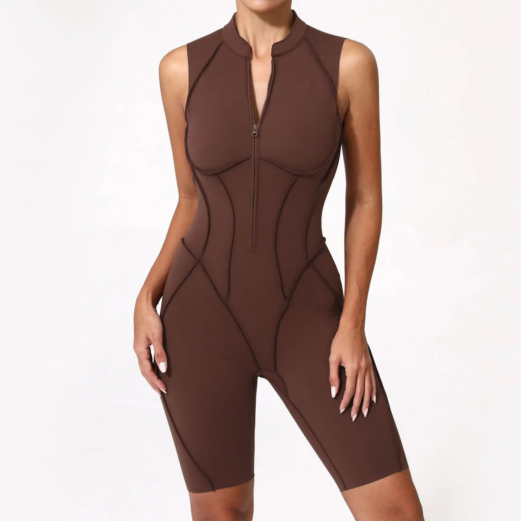 Seamless Yoga Jumpsuits Sports Fitness Zipper Hip-lifting Short-sleeved Backless Dance Workout Gym Shorts Bodysuits for Women