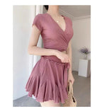 Women'sSwim Set Ribbed V Neck Wrap Crop Top With Tie Waist And Ruffled Flared Skirt Cover Up Modest Summer Bathing Suit Swimwear