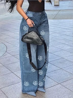 Women's Jeans 2025 Spring Autumn New Fashion Floral Print High Waist Pocket Design Loose Jeans Straight Leg Casual Spants