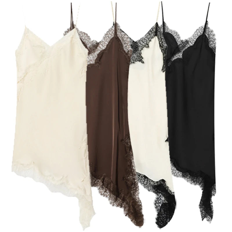 HXAO Womens Dresses Lace Asymmetric Slip Dress Summer 2026 Sexy Evening Dresses Ladies Mini Brown Sleeveless Backless Vestidos
