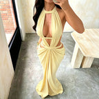 Halter Cut-Out Draped Super-Cut Back Bare Elegant Party Maxi Dress Waistless Backless Sleeveless Khaki Evening Prom Long Dress