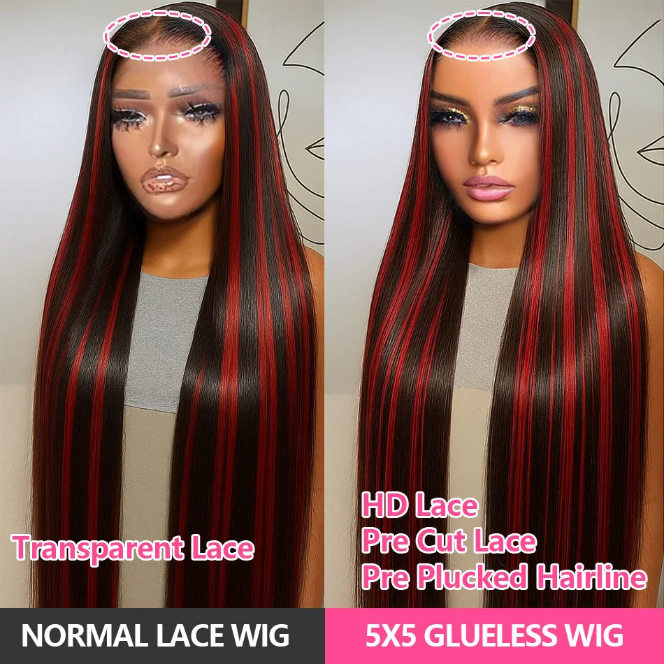 Black With Red Blonde Highlight Bone Straight Wig 5x5 Glueless Wig Human Hair Ombre Burgundy Colored Preplucked Wig Wear and Go