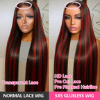 Black With Red Blonde Highlight Bone Straight Wig 5x5 Glueless Wig Human Hair Ombre Burgundy Colored Preplucked Wig Wear and Go