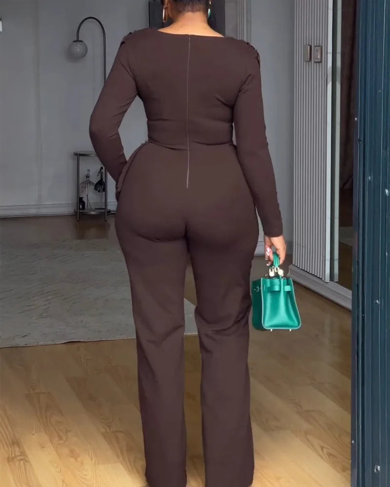 Swing Collar Ruched Jumpsuit Long Sleeve Solid Elegant Office Ladies Asymmetric Hem Autumn Casual Vintage Ruched Slim Rompers