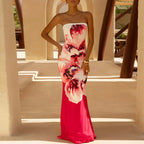 Sexy Tube Top Floral Printed One-piece Robes Summer Casual Off Shoulder Sleeveless Party Dress Elegant Lady Slim Fishtail Dress