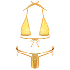 Womens Brazilian Micro Bikini Swimsuit Biquini Set Lacing Non-Padded Triangle Cup Bra Top with G-String Metallic Shiny Swimwear