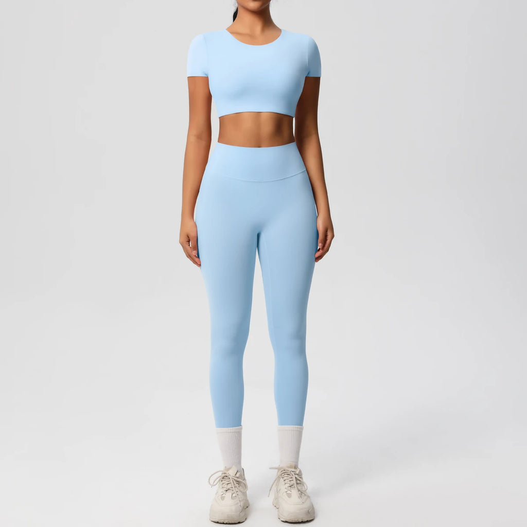 2PCS Woman Gym Sports Yoga Set Knitted Slim Workout Top Short Sleeve Quick Drying Legging Fitness Pants Running Sports Yoga Suit