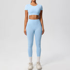 2PCS Woman Gym Sports Yoga Set Knitted Slim Workout Top Short Sleeve Quick Drying Legging Fitness Pants Running Sports Yoga Suit