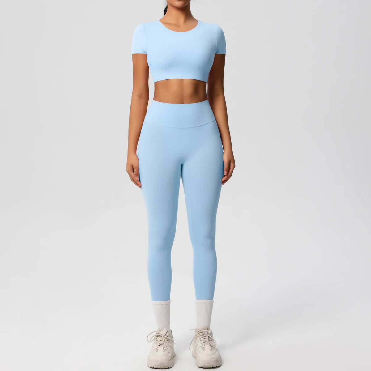 2PCS Woman Gym Sports Yoga Set Knitted Slim Workout Top Short Sleeve Quick Drying Legging Fitness Pants Running Sports Yoga Suit
