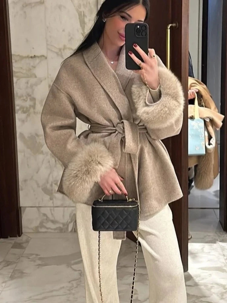 Elegant Lace Up Woolen Short Coat Solid Loose Lapel Furry Belt Long Sleeve Jacket Female 2025 Autumn Winter Lady Chic Cardigan