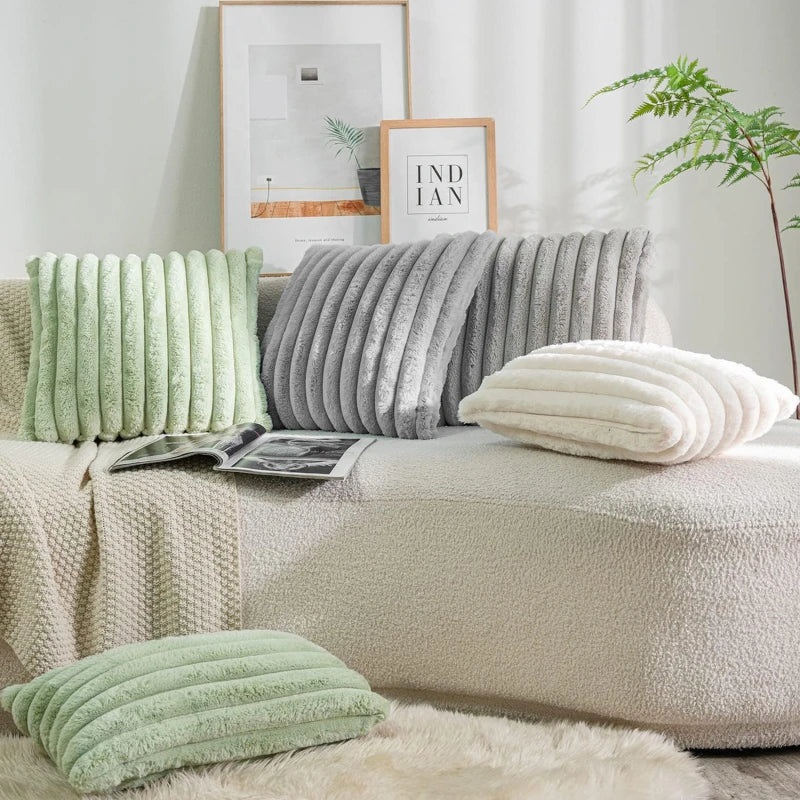 Faux Rabbit Fur Square Cushion Cover Big Thick Striped Super Soft Solid Color Pillow Cover 45x45cm Sofa Decor Cushion Cover