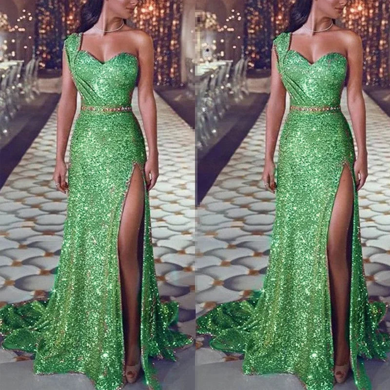 2026 Women's Wedding Party Dress Evening Elegant Sexy Deep V Neck One Shoulder Sleeveless Sequined Long Maxi Dresses For Women